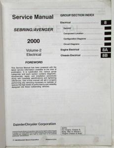 2000 Dodge Avenger Chrysler Sebring Service Shop Repair Manual 2 Vol Set