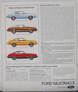 1974 Ford Mustang II Ghia Hardtop 3 Door 2+2 Mach 1 Sales Brochure Original