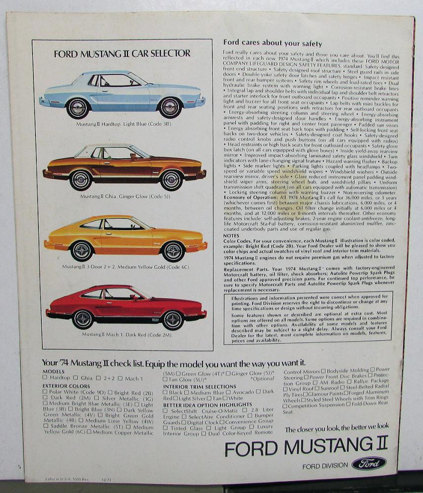 1974 Ford Mustang II Ghia Hardtop 3 Door 2+2 Mach 1 Sales Brochure REVISED