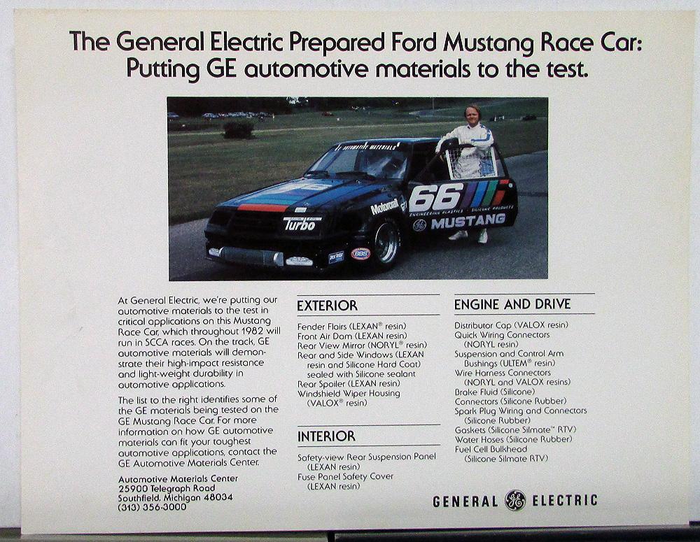 1982 Ford GE Mustang Race Car General Electric Flyer Sales Sheet Original