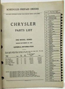 1942 Chrysler Passenger Cars Parts List Royal Windsor Saratoga New Yorker