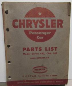 1949 Chrysler Passenger Cars Parts List Royal Saratoga New Yorker Imperial
