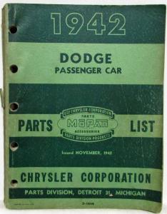 1942 Dodge Passenger Cars Parts List Custom Deluxe