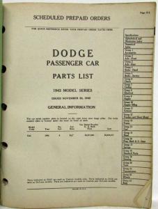 1942 Dodge Passenger Cars Parts List Custom Deluxe