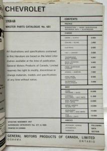 1958-1968 Chevrolet Passenger Cars Parts List Catalogue Bel Air Impala Canadian