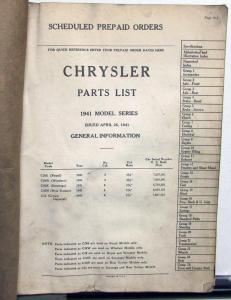 1941 Chrysler Passenger Cars Parts List Royal Windsor Saratoga New Yorker Crown