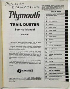 1974 Plymouth Trail Duster Service Shop Repair Manual