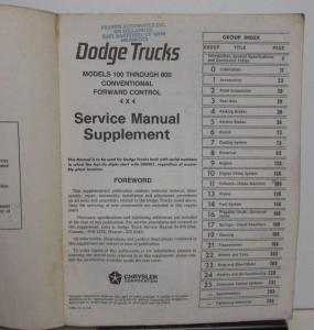 1973 Dodge Trucks 100-800 Series Service Shop Repair Manual Supplement