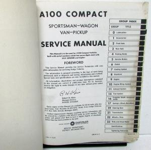 1967 Dodge Truck Models A-100 Compact Service Manual Sportsman Wagon Van Pickup