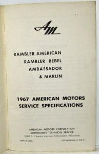 1967 AMC American Motors Rambler Rebel Ambassador Marlin Specifications Handbook