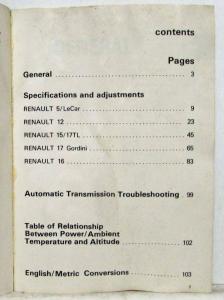 1978 Renault 5 12 15 16 17TL Gordini Service Technical Specifications Handbook