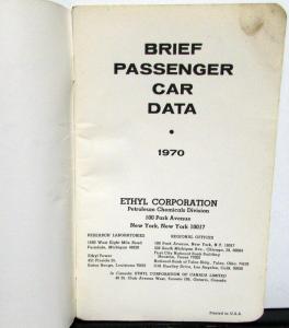1970 Ethyl Corporation Brief Passenger Car Data Booklet AMC Chevy Ford Dodge
