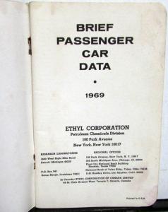 1969 Ethyl Corporation Brief Passenger Car Data Booklet Buick Chevy Ford Dodge