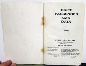 1968 Ethyl Corporation Brief Passenger Car Data Booklet Chevy Ford Dodge Rambler