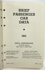 1951 Ethyl Corporation Brief Passenger Car Data Booklet Cadillac Lincoln Henry J