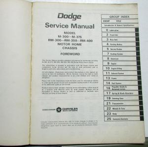 1971-1972 Dodge Motor Home Chassis Service Manual M300 M375 RM300 RM350 RM400