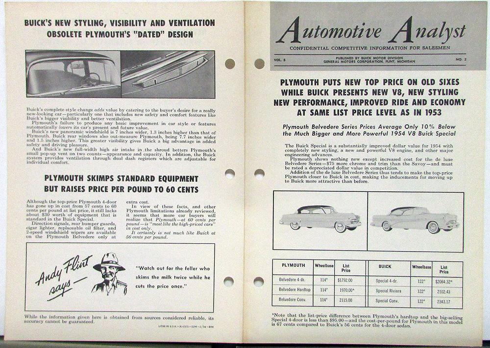 1954 Buick Special Auto Analyst Comparison Plymouth Belvedere Salesman Only Item