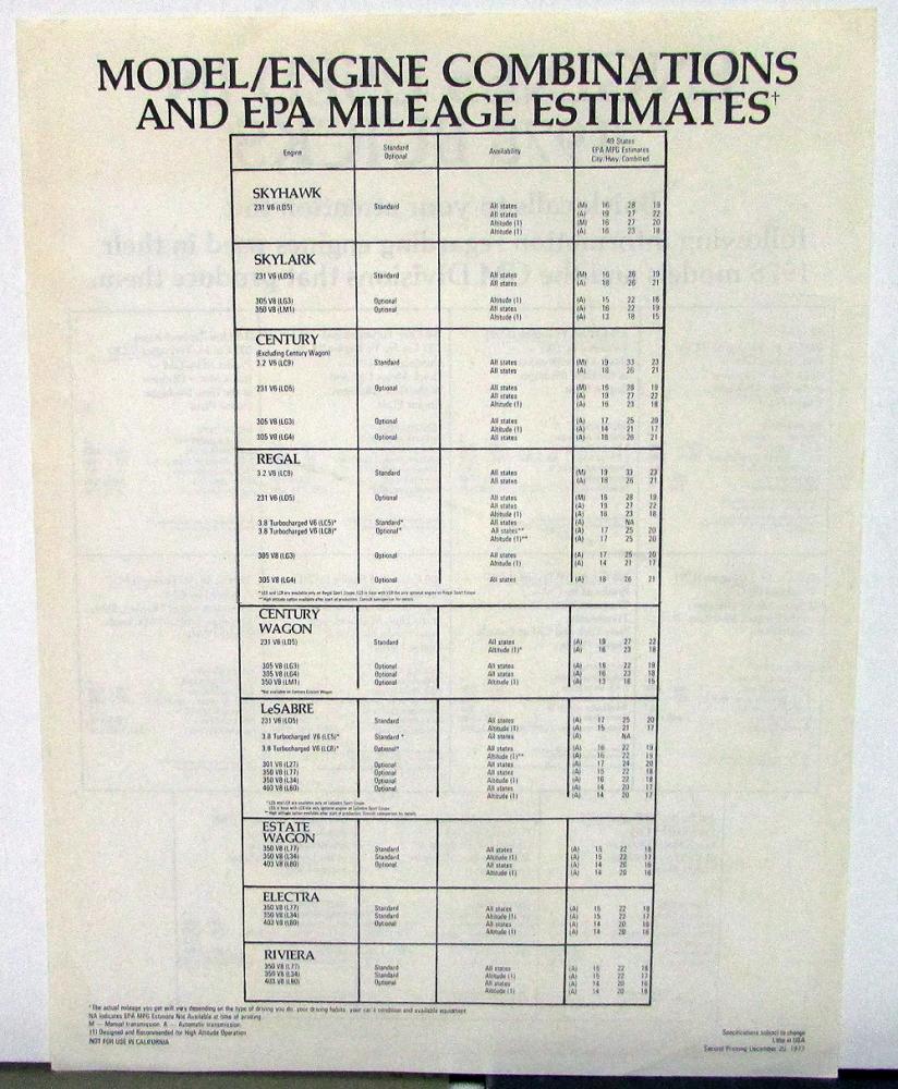 1978 Buick Engines Detail Info Sheet & EPA Mileage Estimates Original