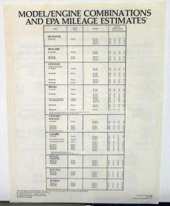 1978 Buick Engines Detail Info Sheet & EPA Mileage Estimates Original