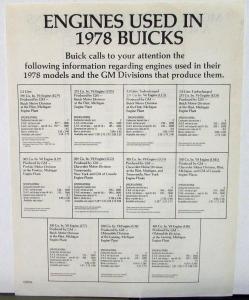 1978 Buick Engines Detail Info Sheet & EPA Mileage Estimates Original