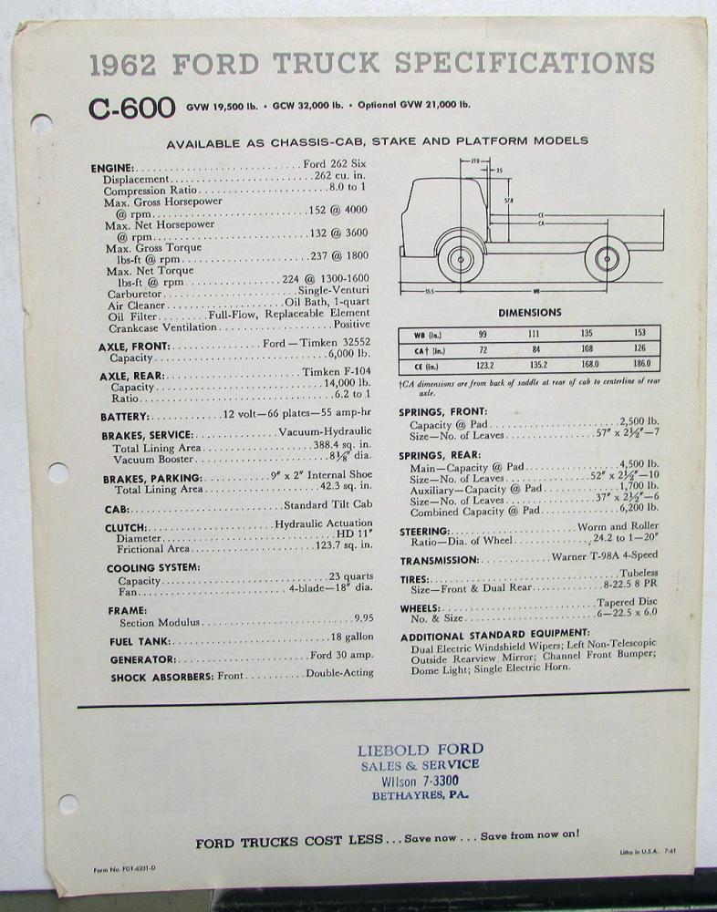 1962 Ford C 600 Chassis Cab Stake Platform Truck Specification Sheet Original