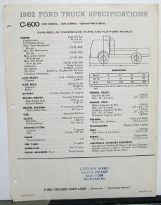 1962 Ford C 600 Chassis Cab Stake Platform Truck Specification Sheet Original