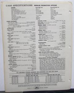 1962 Ford C 600 Chassis Cab Stake Platform Truck Specification Sheet Original
