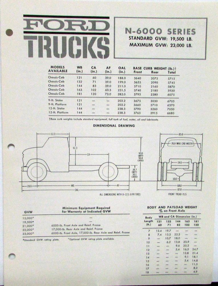 1963 Ford N-6000 Series Chassis Cab Stake Platform Trucks Spec Folder Original
