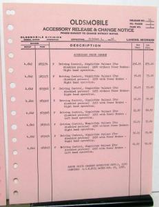 1956 Oldsmobile Dealer Parts Book Supplements Accessory Release & Change Notice