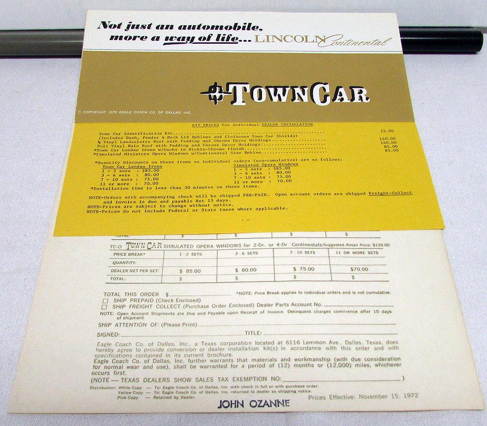 1973 Lincoln Town Car Eagle Coach Co Custom Conversion Sales Kit Order Form