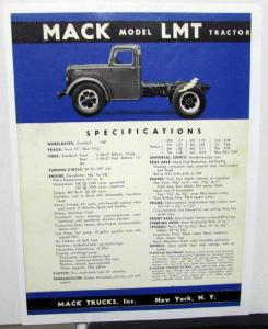 1941 Mack Truck Dealer LMT Tractor Specifications Data Sheet 2 Sided Photo Copy