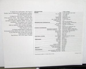 1973 Volkswagen Type 3 Sedan Dealer Sales Specifications Data Sheet