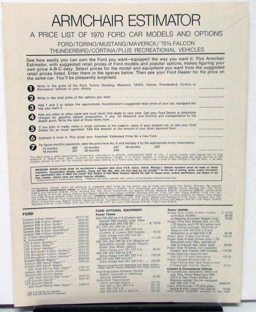 1970 Ford Armchair Estimator Models & Options Price List Sales Folder Original