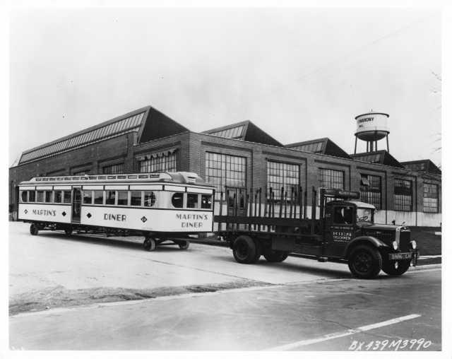1939 Mack Stake Truck Towing Martin's Diner Press Photo 0146 - Ries Truckman