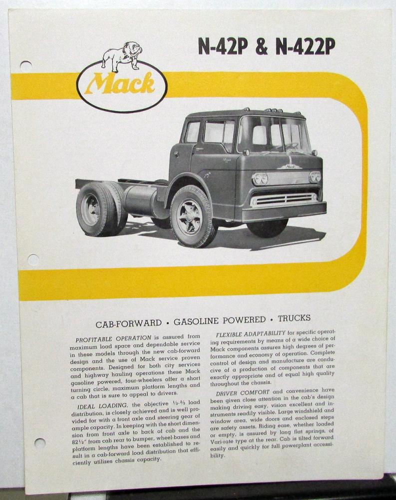1960 Mack Truck Dealer Brochure Data Sheet N-42P & N-422P Cab-Forward