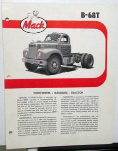 1960 Mack Truck Canadian Dealer Brochure Data Sheet B-68T 4-Wheel Gas Tractor