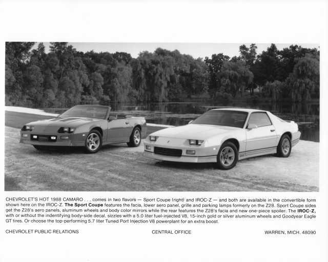 1988 Chevrolet Camaro Sport Coupe and IROC-Z Press Photo with Text 0273