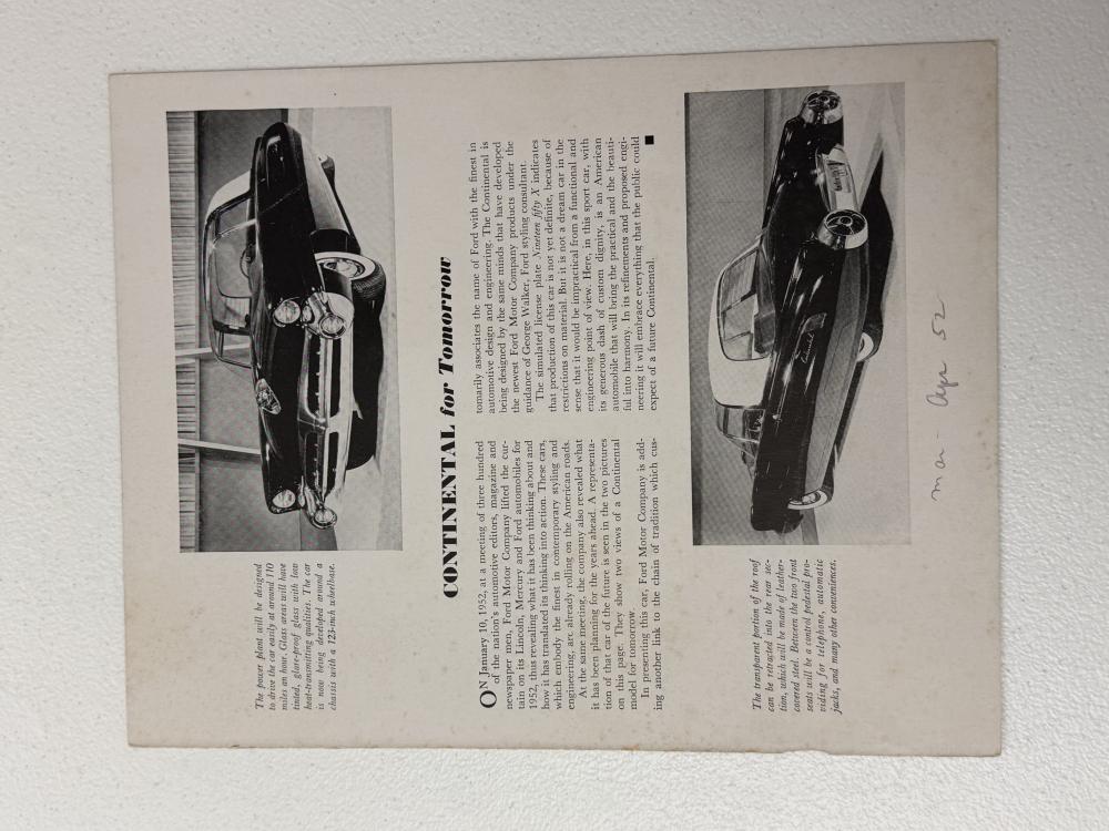 1952 Ford Lincoln Mercury Dealer Continental For Tomorrow Concept Car Handout