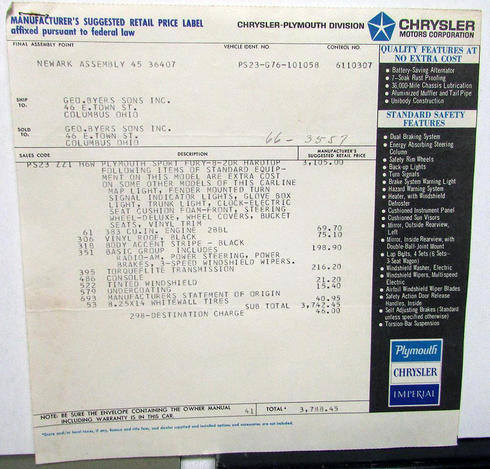 1967 Plymouth Sport Fury Dealer Window Sticker 2 Door Hardtop MSRP Price Orig