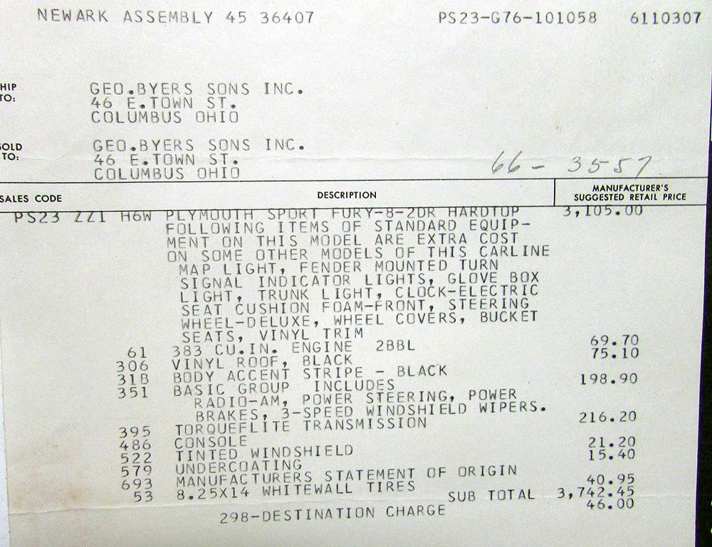 1967 Plymouth Sport Fury Dealer Window Sticker 2 Door Hardtop MSRP