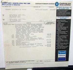 1967 Plymouth Sport Fury Dealer Window Sticker 2 Door Hardtop MSRP Price Orig
