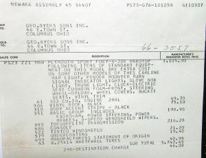 1967 Plymouth Sport Fury Dealer Window Sticker 2 Door Hardtop MSRP Price Orig