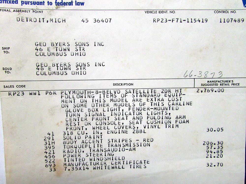 1967 Plymouth Satellite Dealer Window Sticker 2 Door Hardtop MSRP Price