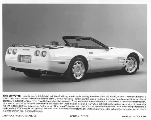 1992 Chevrolet Corvette Convertible Press Photo 0297 - One Millionth