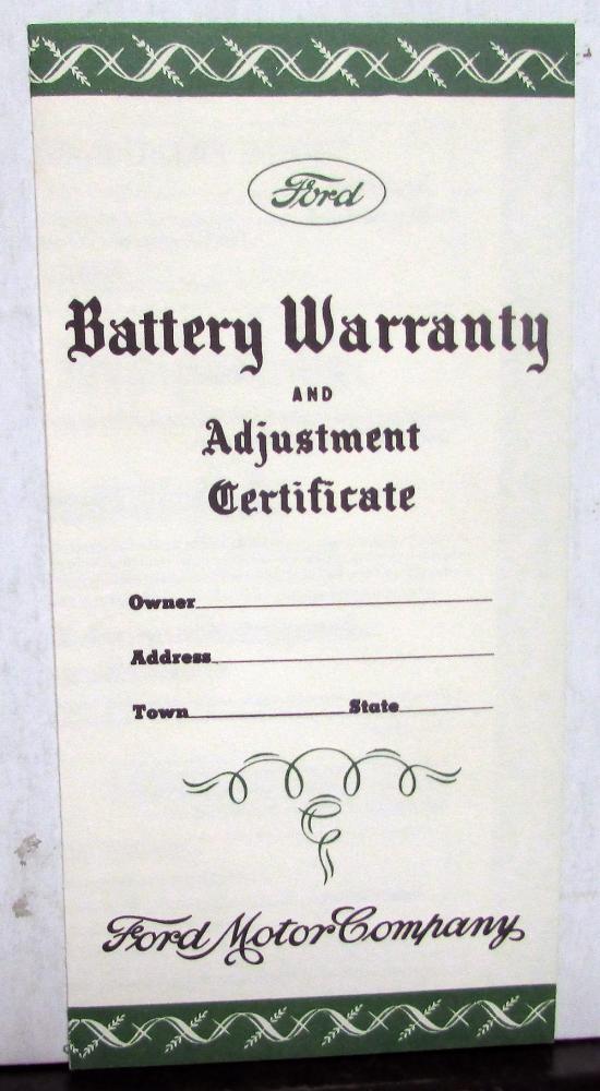 1950s Ford Battery Warranty Certificate 6 Volt Car Truck NOS Original