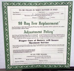1950s Ford Battery Warranty Certificate 6 Volt Car Truck NOS Original