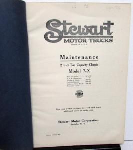 1925 Stewart Motor Trucks Model 7-X 21/2-3 Ton Repair Parts Catalog Book