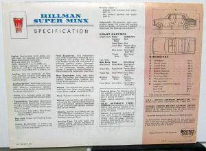 1962 Hillman Super Minx Dealer Sales Brochure Features & Specifications