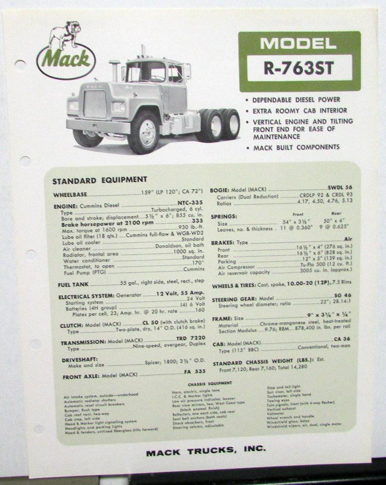 1966 Mack Truck Dealer R763ST Sales Brochure Data Sheet Specifications
