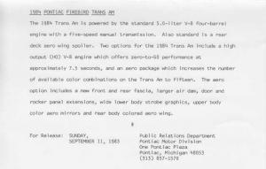 1984 Pontiac Trans Am Press Photo and Release 0048